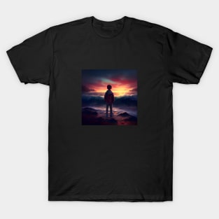 Young man standing on the beach enjoying the sunset one T-Shirt